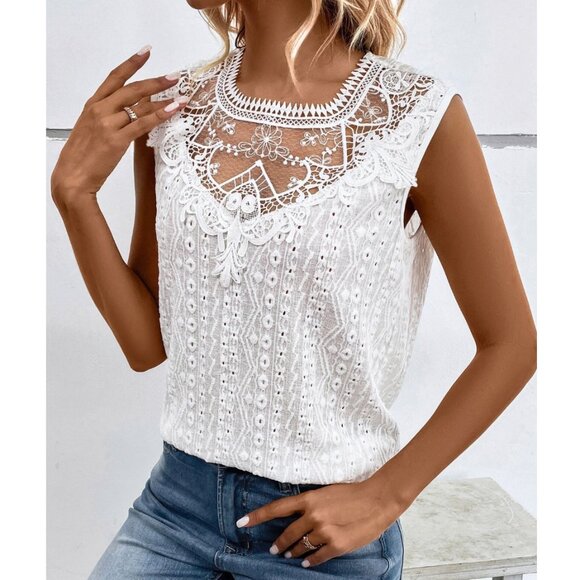 White Boho Embroidered Lace Knit Tunic Tank Top Cut Out Sleeveless Shirt Blouse - Picture 1 of 6